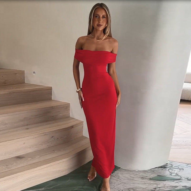 Maxiklänning Dam Off-Shoulder med Rüschendetalj Elastiskt Material 7