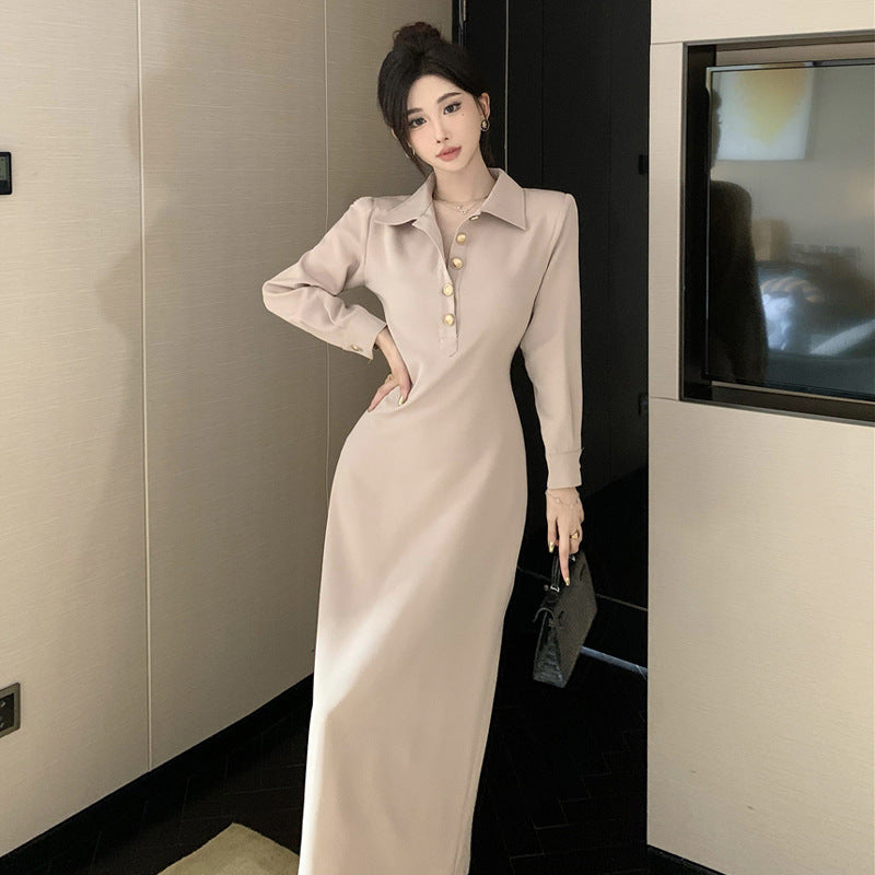 Dam Midiklänning Retro Stil Lång Ärmar Högkvalitativt Tyg-3