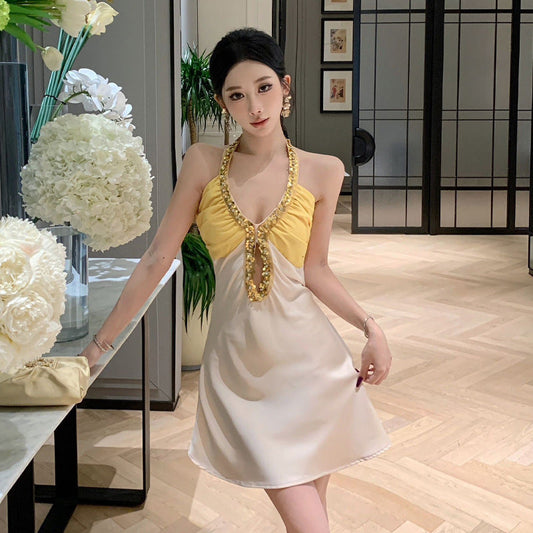 Kvinnors Halterneck Klänning Färgblockad Paljetter Polyester-1