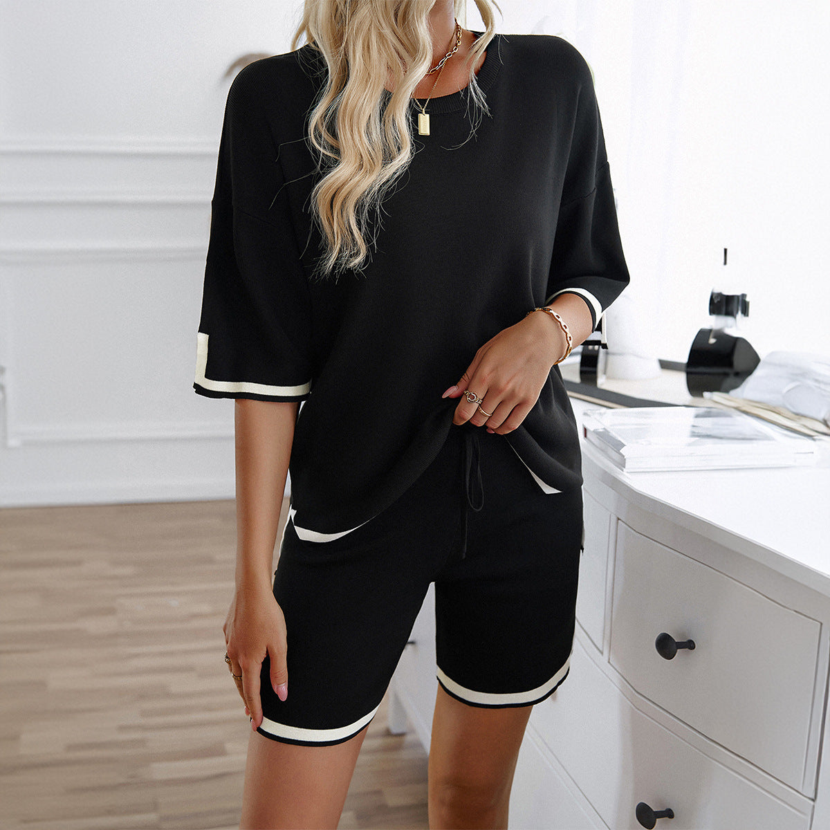 Dam Byxor Set Kortärmad Tröja Cool Silk för Sommarkläder-3