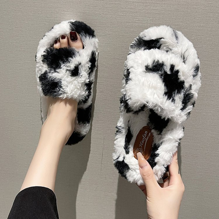 Dam Tofflor Fleece Ko-Mönster Mjuk och Bekväm 2