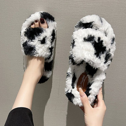 Dam Tofflor Fleece Ko-Mönster Mjuk och Bekväm 2