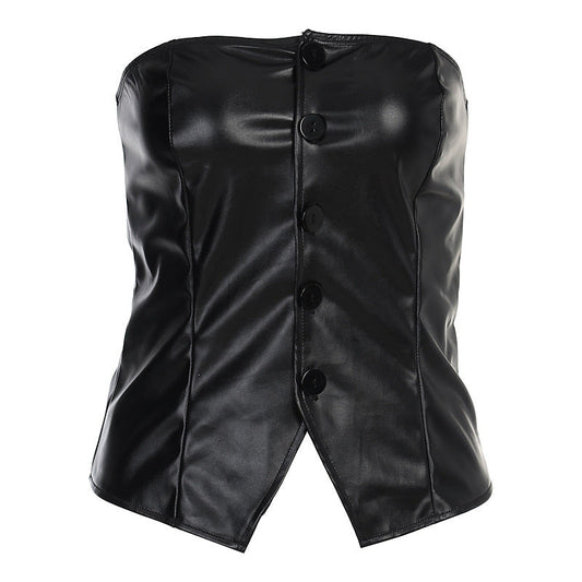 Festtoppar Dam Off Shoulder Topp i PU Material-1