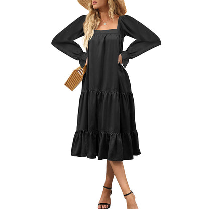 Maxiklänning Dam A-linjeformad Viskosfiber med Långa Ärmar och Volanger-3