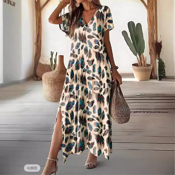 Dam Fritidsklänning V-ringning Kort Ärmar Polyester-4