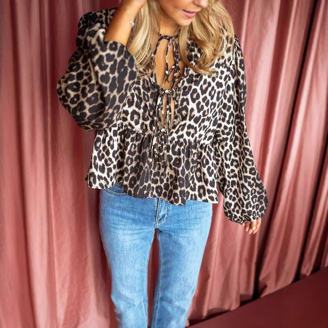 Dam Skjorta Mönstrad Lanternärmar Polyester-4