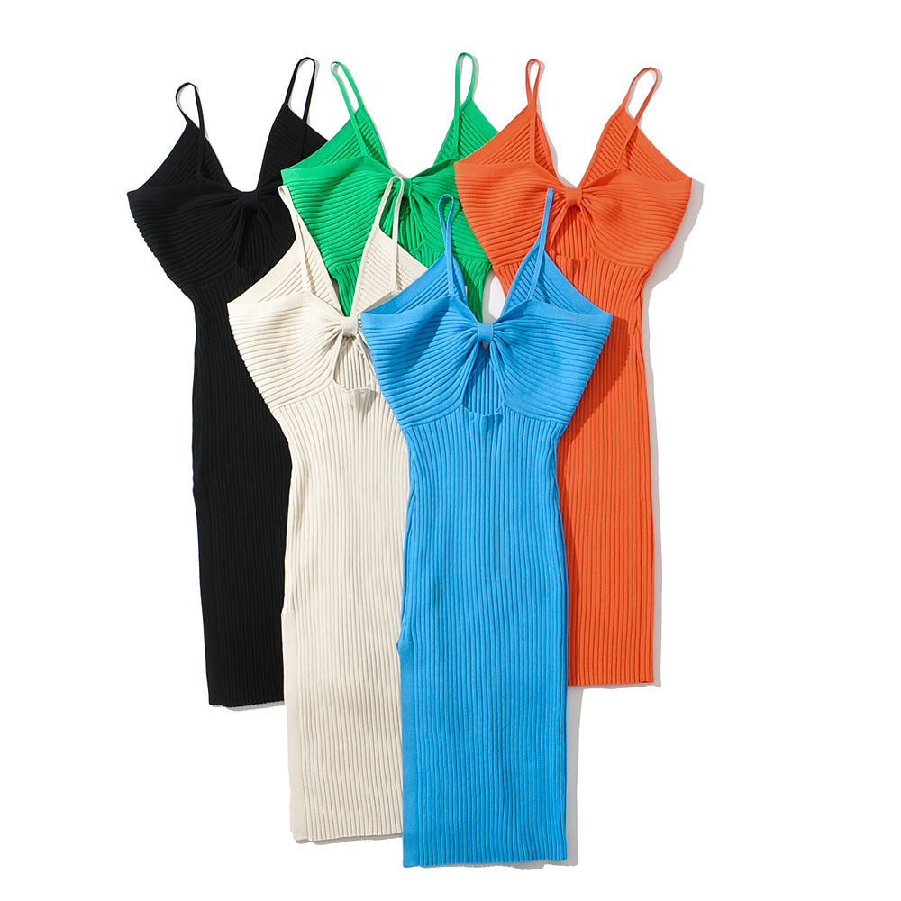 Kvinnors Midi Klänning V-ringning Stickad Akryl Patchwork-3