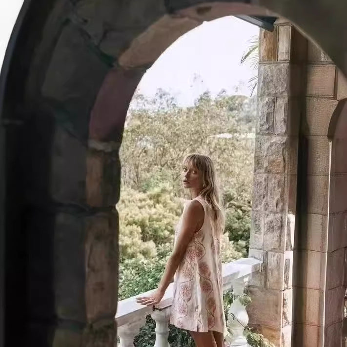 Dam Klänning Blommig Ärmeless Design Lätt Tyg-3