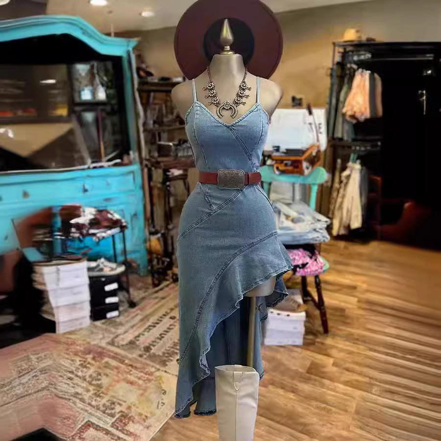 Damklänning Oregelbunden Denim med Rynkor Spandex Lång-2