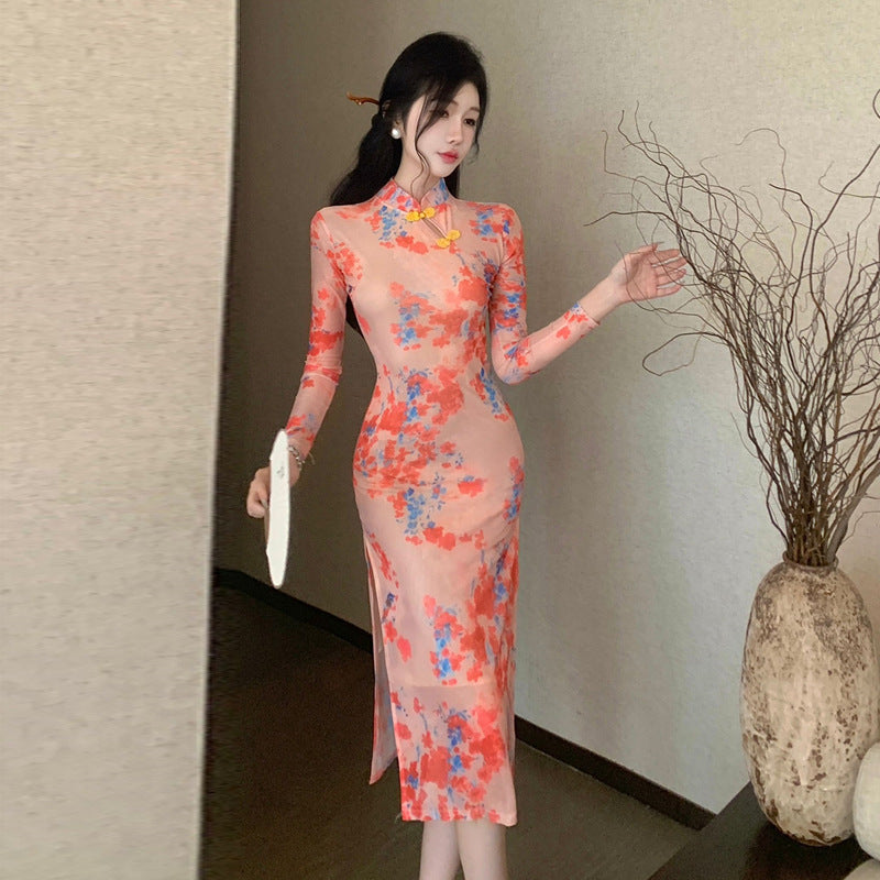 Dam Klänning Midi med Stehkrage Långärmad i Högkvalitativt Tyg-2