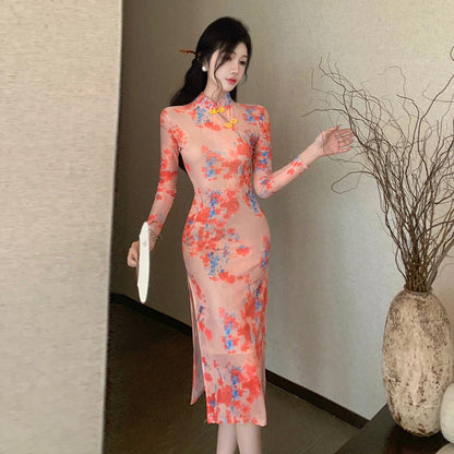 Dam Klänning Midi med Stehkrage Långärmad i Högkvalitativt Tyg-2