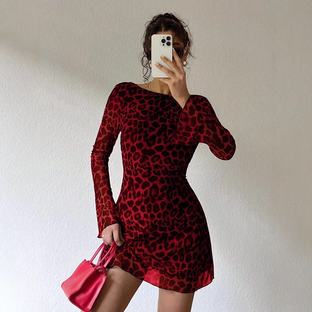 Dam Klänning A-Linje Leopardmönster Polyester Långärmad Elegant-6