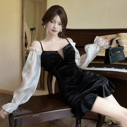 Dam Mini Klänning Off-Shoulder Patchwork Polyester-4