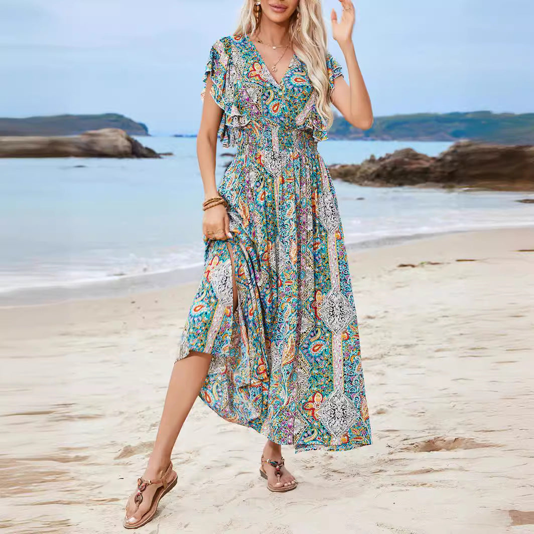 Kvinnors Maxiklänning Bohemisk Stil Kort Ärmar A-linjeformad Polyester-3