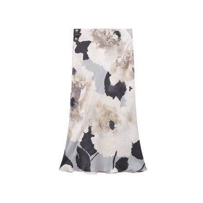 Kvinnors Kjol och Topp Set i Tryckt Satin, Midi Längd, Mjuk Spandex-6