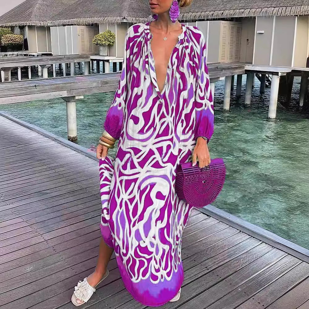 Dam Klänning Långärmad V-Hals Blommig A-Linje Fiber-5