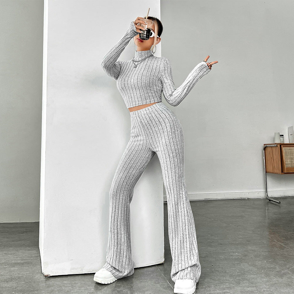 Tvådelat Set Dam med Långärmad Top och Vida Byxor i Ribbat Material – Elegant och Bekväm Stil 5