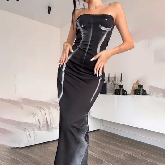 Svart Maxiklänning Dam med Figurnära Passform och Strapless Design – Elegant Klänning för Speciella Tillfällen 1