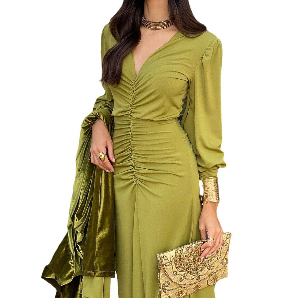 Kvinna Lång Klänning Figurbetonad Fransk Midja Högkvalitativt Tyg-5