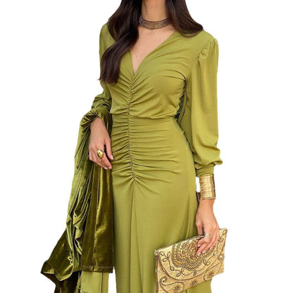 Kvinna Lång Klänning Figurbetonad Fransk Midja Högkvalitativt Tyg-5