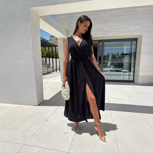 Kvinnors Långklänning A-Line Polyester Ärmlös för Fest och Bröllop-1