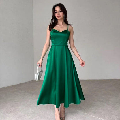 Dam Maxiklänning Hjärtformad Halsringning Flödande Kjol Mjuk Väv-4