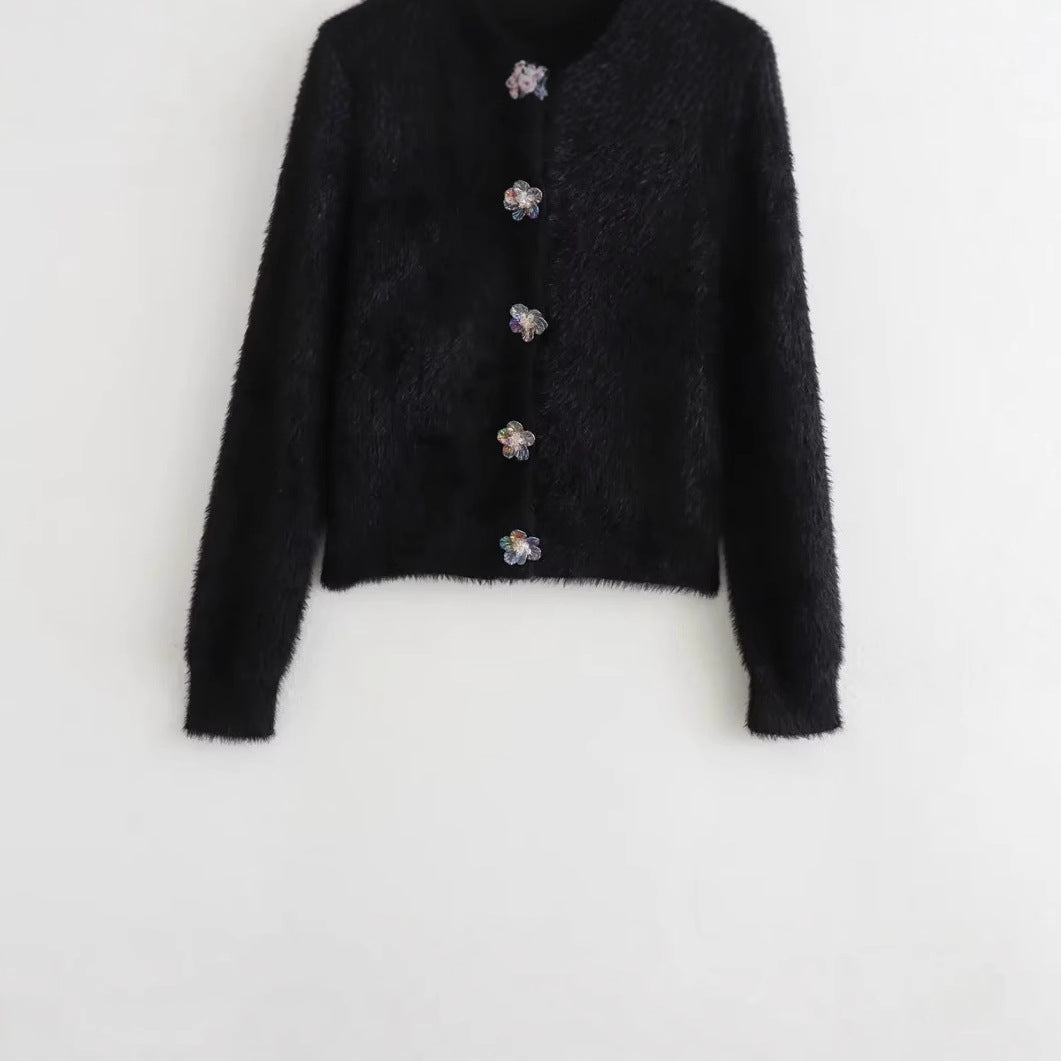 Damkofta med Blommiga Knappar Mjuk Polyester Cirkulär Halsringning 4