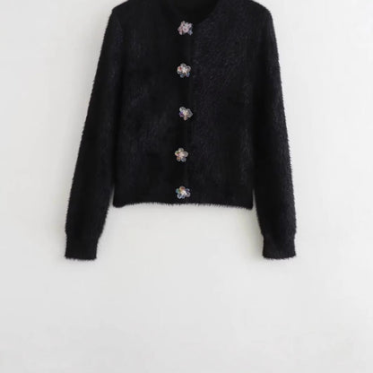 Damkofta med Blommiga Knappar Mjuk Polyester Cirkulär Halsringning 4