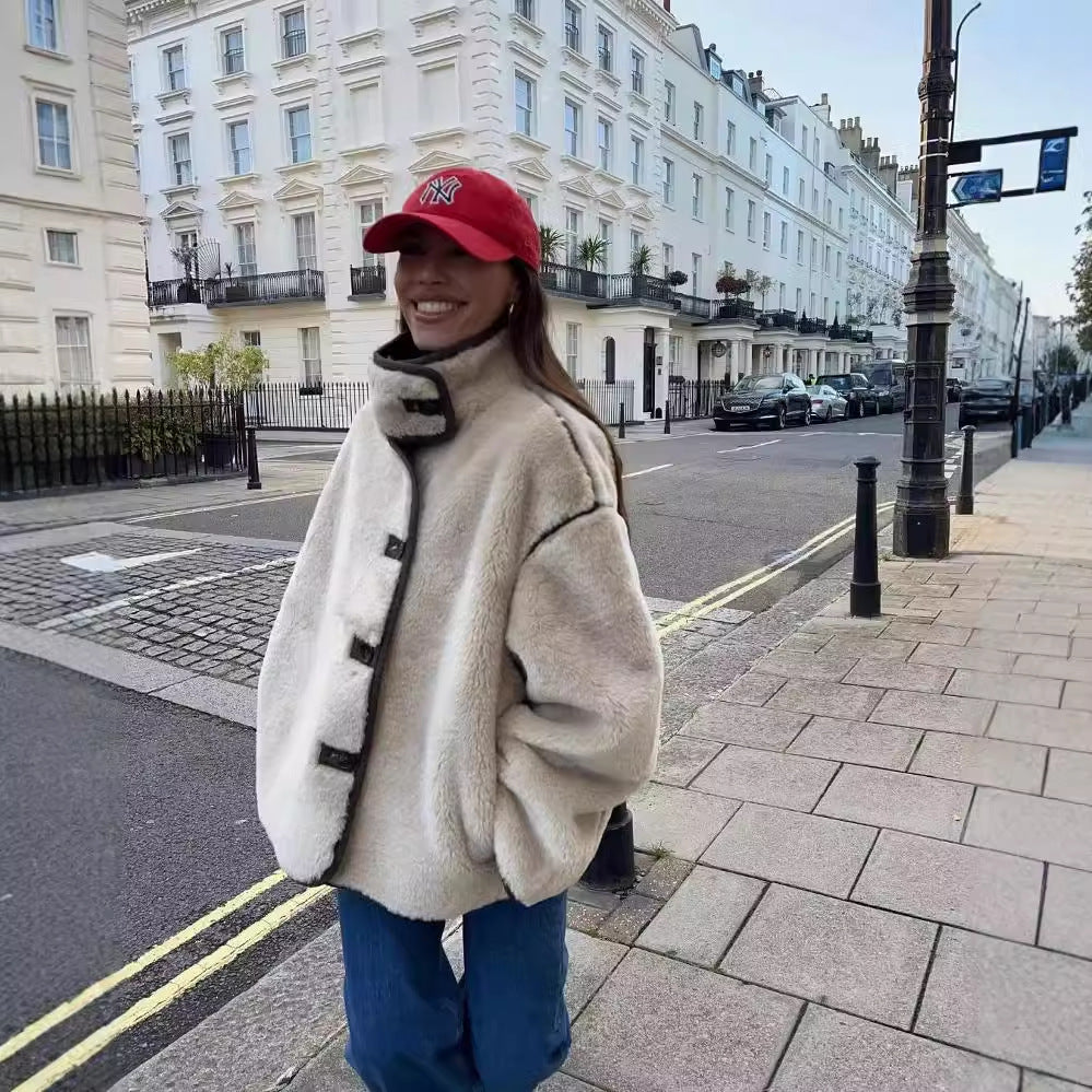 Dam Fleecejacka med Fashionabel Krage och Knappdetaljer i Mjuk Fleece-3