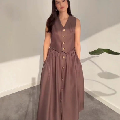 Tvådelat Set Dam Kjol Hög Midja Polyester med Knappar 3