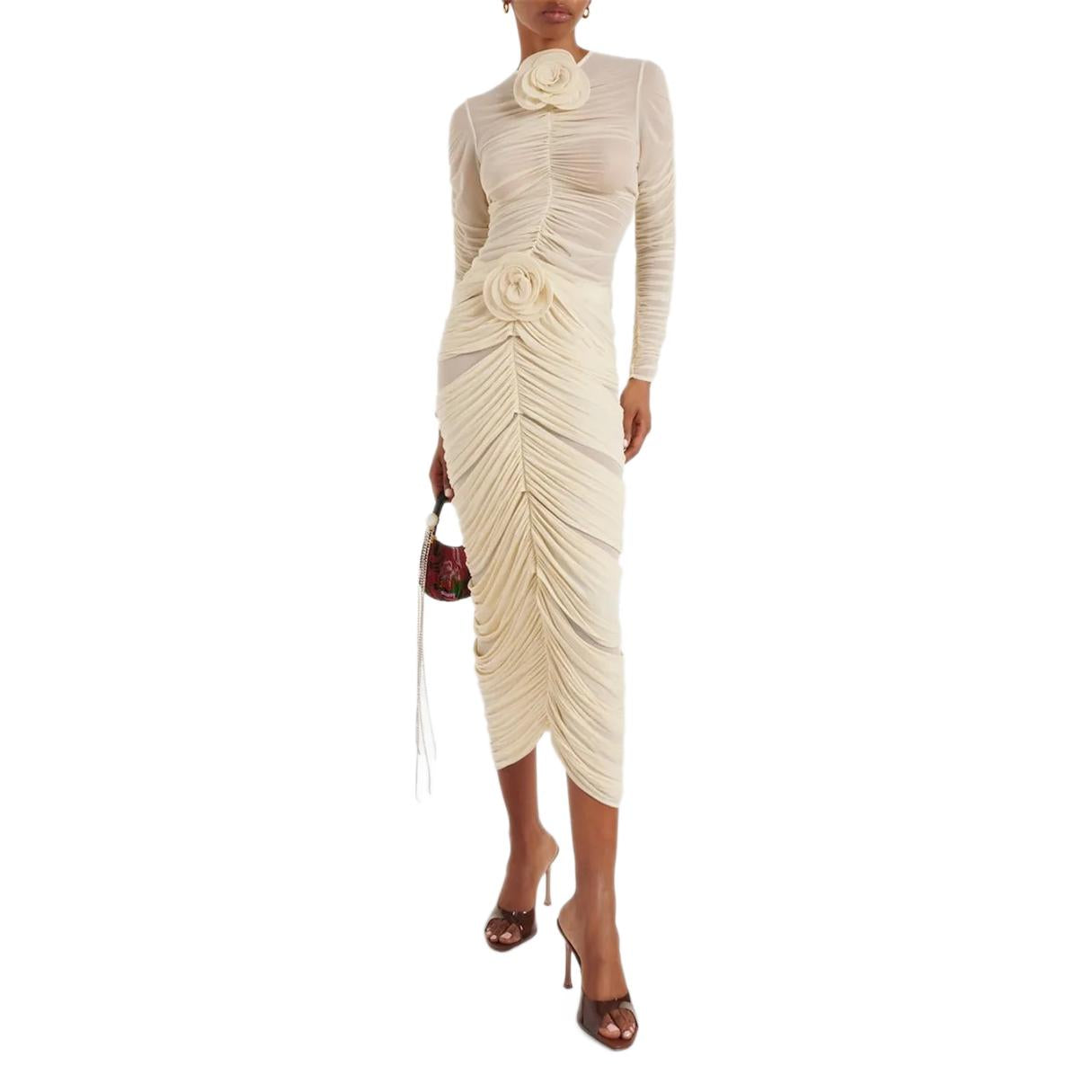 Damklänning Midi Tredimensionell Blommig Design Högkvalitativt Tyg-6