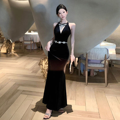 Dam Långklänning V-ringad Splicing Design i Högkvalitativ Polyester för Fest och Bröllop-3