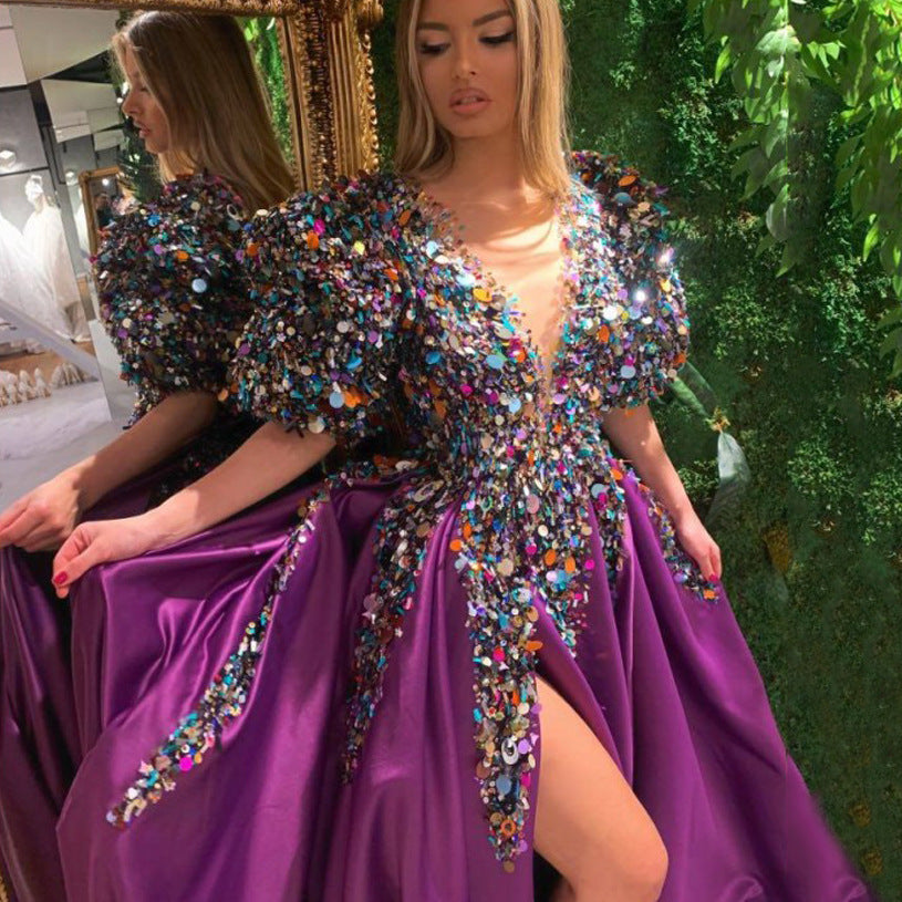 Kvinnors A-linjeformad Klänning med Paljetter V-ringning Polyester-4