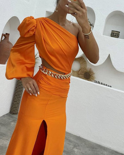 Kvinnors Långärmad Klänning Asymmetrisk Design Rak Ull-4