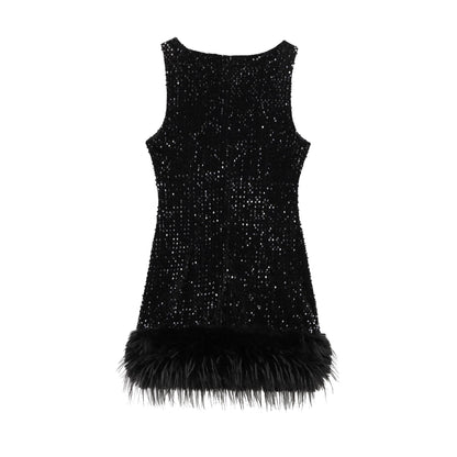 Fina Dam Klänningar Ärmlös Rundhals med Paljetter Polyester-3