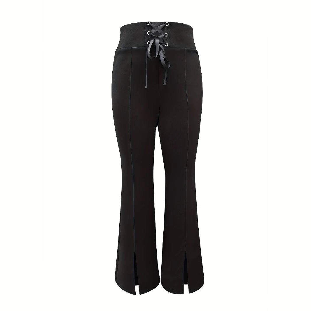 Dam Hög Midja Byxor Med Sidospår Och Snörningsdetaljer Elastisk Tyg-5