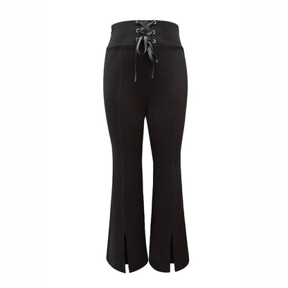 Dam Hög Midja Byxor Med Sidospår Och Snörningsdetaljer Elastisk Tyg-5