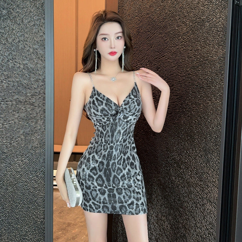 Dam Klänning Bodycon Mini Leopardmönster Spaghetti Band Polyester-1