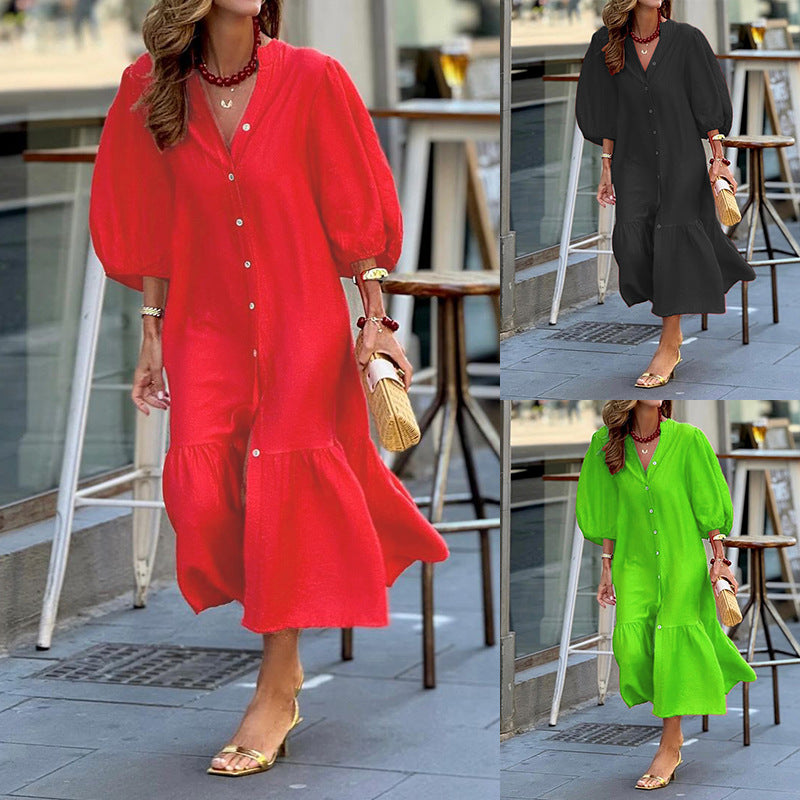 Kvinna Midi Klänning A-linjeformad med Lösa Puffade Ärmar Mjuk Material-2