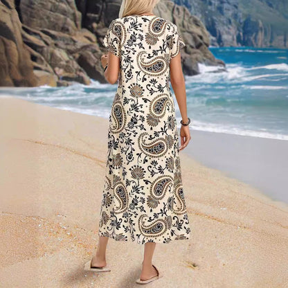 Elegant V-Neck A-Linje Damklänning i Aprikos med Korta Ärmar och Sidospår – Perfekt för Sommarfester och Bröllop 3