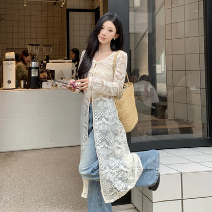 Dam Klänning Midi Rund Nacke Spetsdesign Lång Ärmar Högkvalitativt Tyg-4