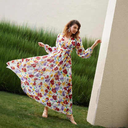 Kvinna A-Linjeformad Klänning Blommönster Polyester med Långa Ärmar-5