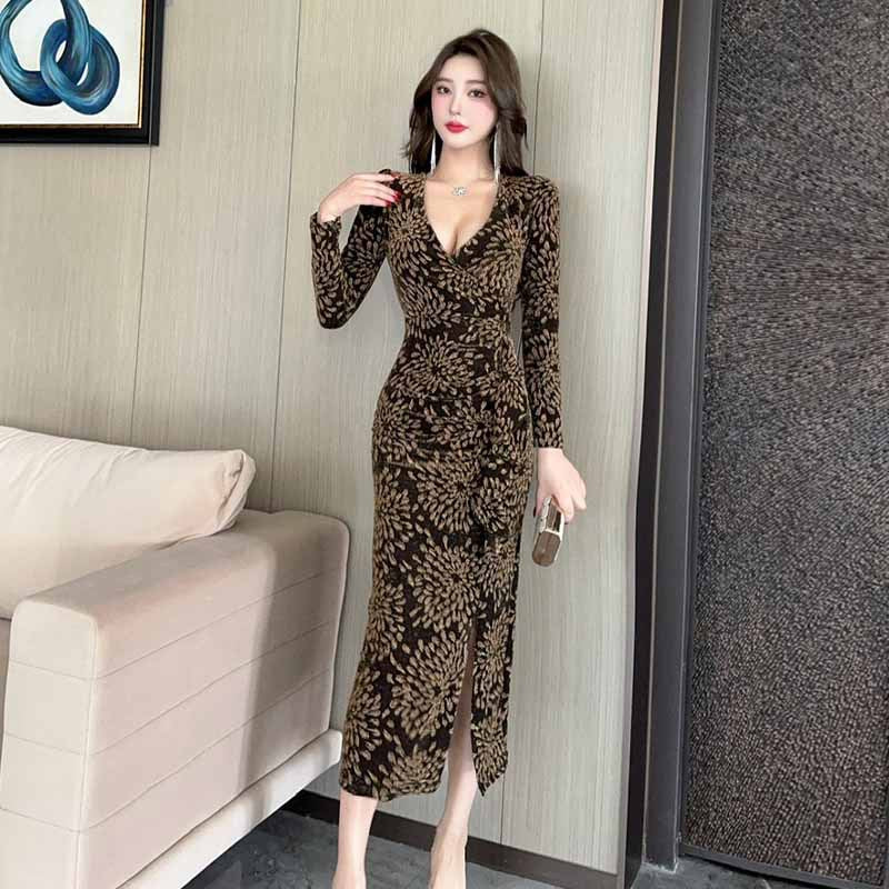 Maxiklänning Dam Långärmad Stretch V-Ringning Elegant Maxi Längd-2