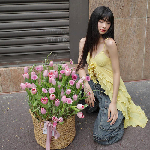 Kvinnors Ruffle Topp Vikbar Design Spaghettiband Lätt Material 1