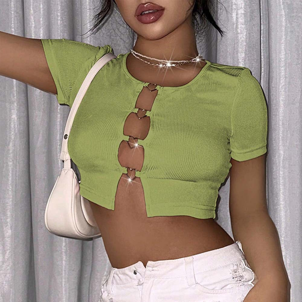 Kvinnor Crop Top Trendiga Utskärningar Elastisk Bomullsblandning-1