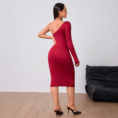 Kvinnors Midi Klänning Bodycon En Axel Polyester Elastan-3