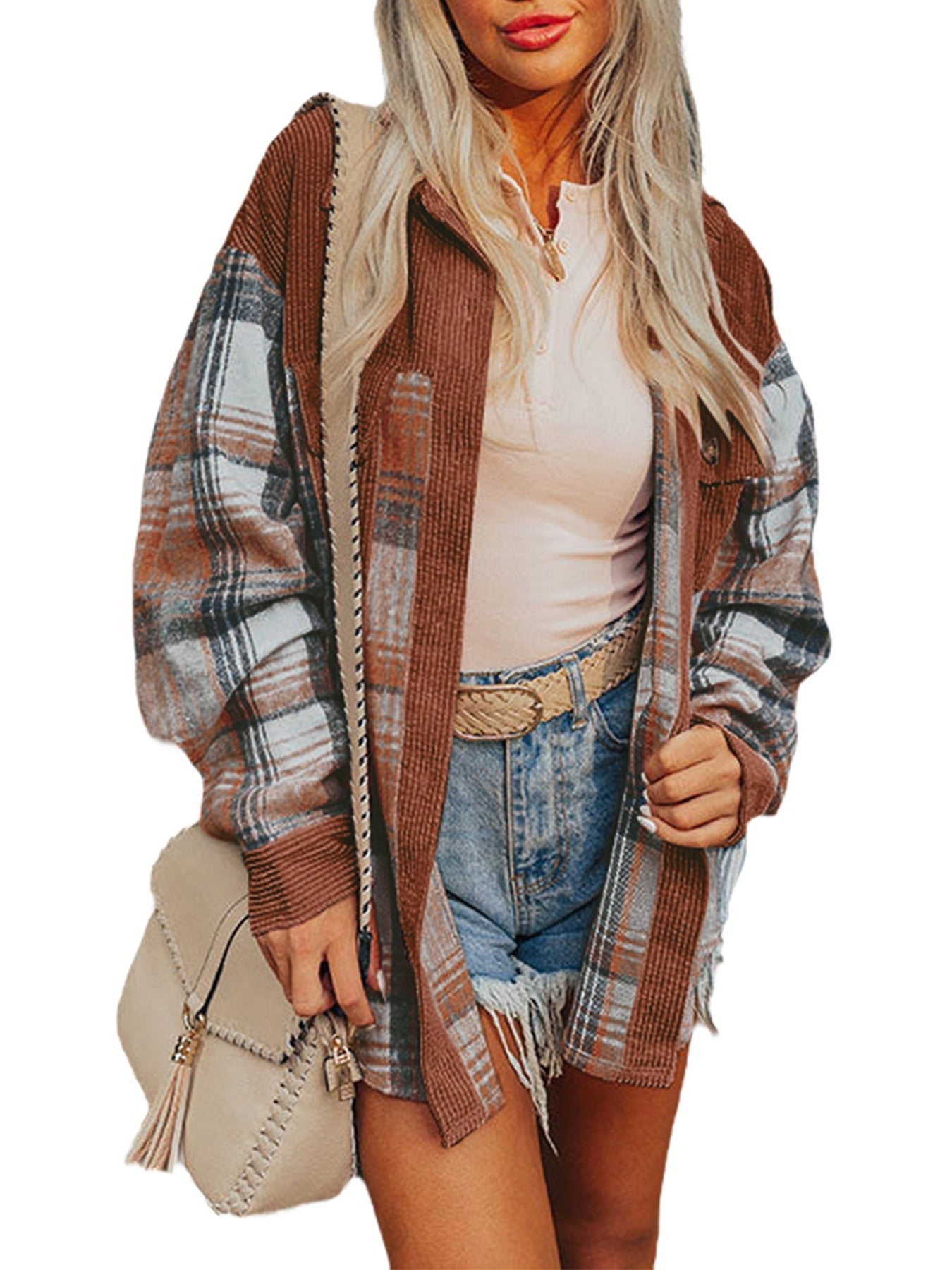 Lång Kofta Dam med Rutig Design i 100% Akryl – Avslappnad Passform och Långa Ärmar 4