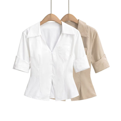 Kvinnors Skjortablus Elegant Krage Bomullsblandning 2