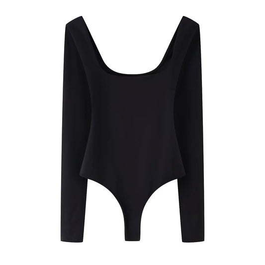 Dam Bodysuit Långärmad Djup Halsringning Elastisk-1