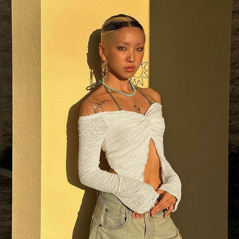 Kvinnors Off-Shoulder Festtop med Långa Ärmar och Rüsch-detaljer 2